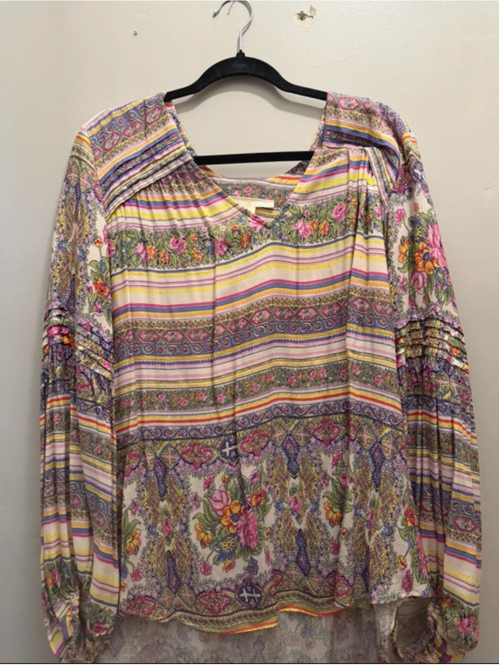 Anthropologie Floral Stripe Boho Tunic - Cream, Pink, Yellow, Green, Purple